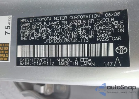 2008 Toyota Prius z USA, uszkodzony, nr VIN JTDKB20U383440113
